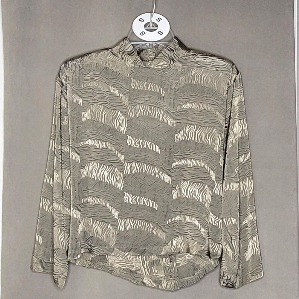 Judy Knapp CA Taupe Abstract Zebra Print Textured Blouse Small 90s